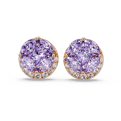 0.8 CTW marquise and princess colorstone halo stud earrings in Rose gold, Amethyst Purple stones