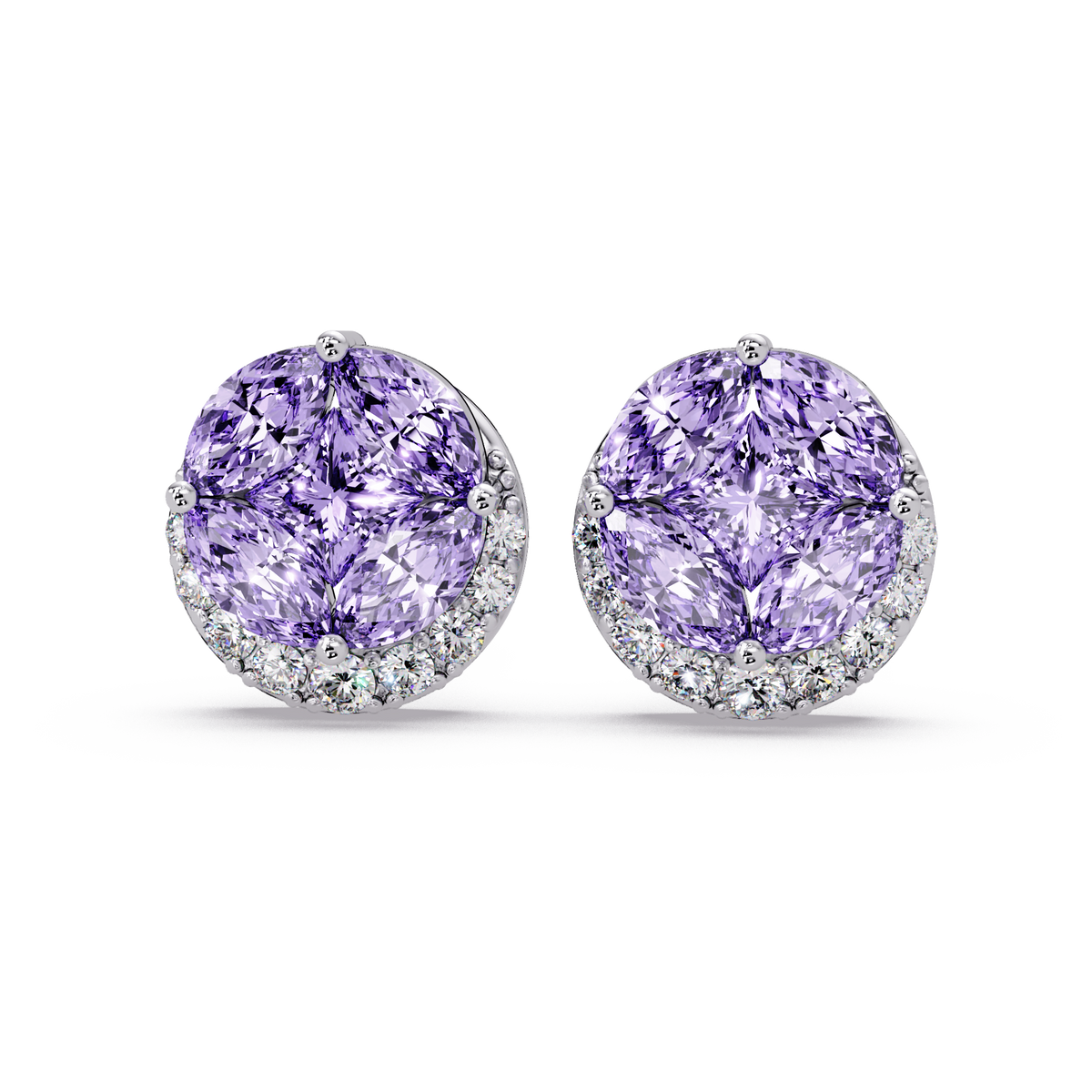 0.8 CTW marquise and princess colorstone halo stud earrings in White gold, Amethyst Purple stones