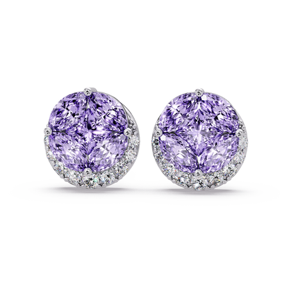 0.8 CTW marquise and princess colorstone halo stud earrings in White gold, Amethyst Purple stones