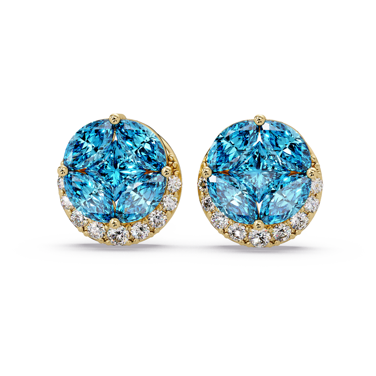 0.8 CTW marquise and princess colorstone halo stud earrings in Gold, Aquamarine Blue stones