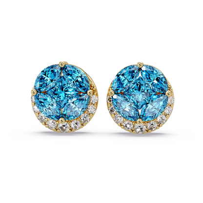0.8 CTW marquise and princess colorstone halo stud earrings in Gold, Aquamarine Blue stones