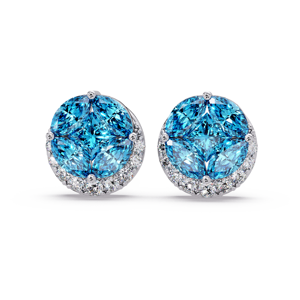 0.8 CTW marquise and princess colorstone halo stud earrings in White gold, Aquamarine Blue stones