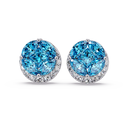 0.8 CTW marquise and princess colorstone halo stud earrings in White gold, Aquamarine Blue stones