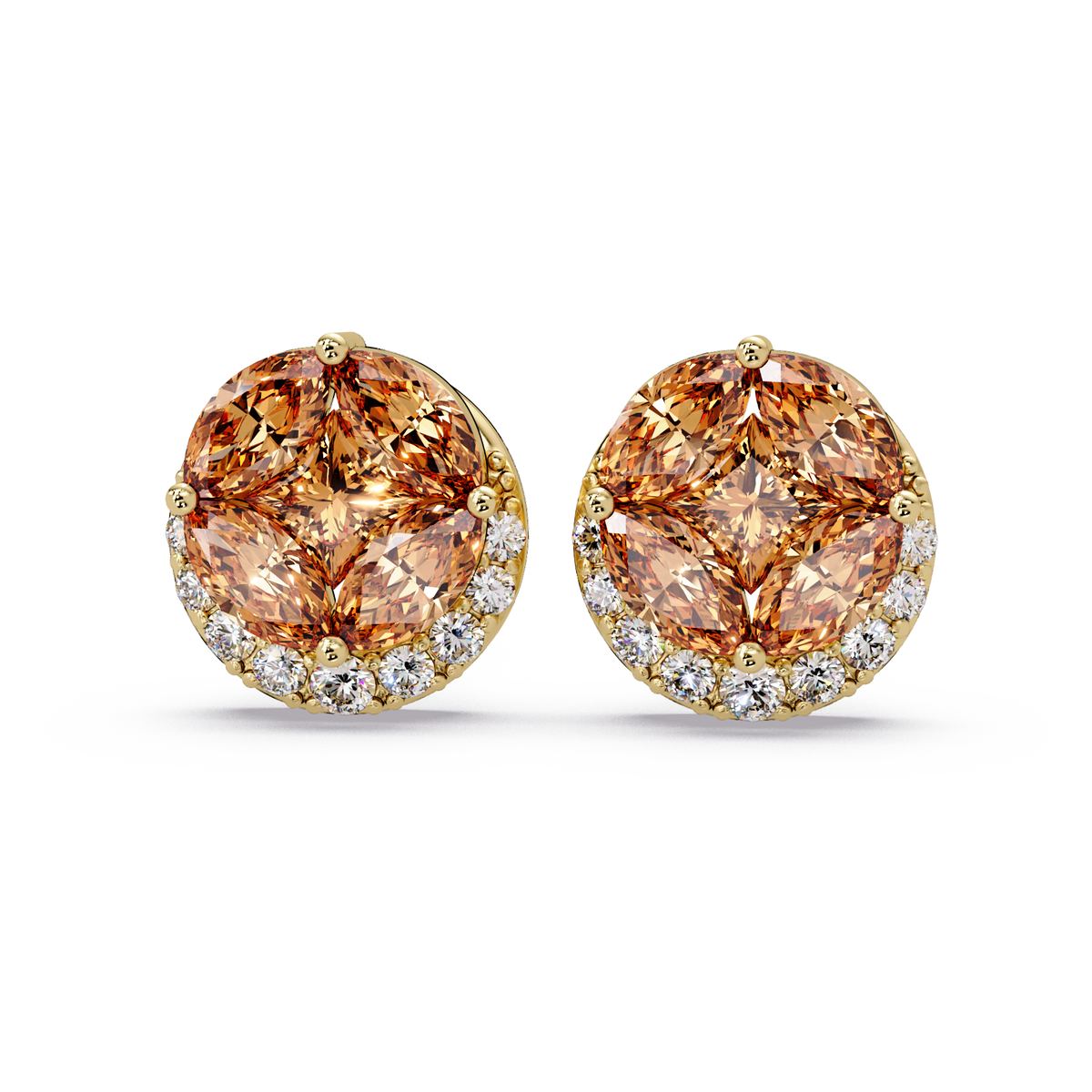0.8 CTW marquise and princess colorstone halo stud earrings in Gold, Champagne Topaz stones