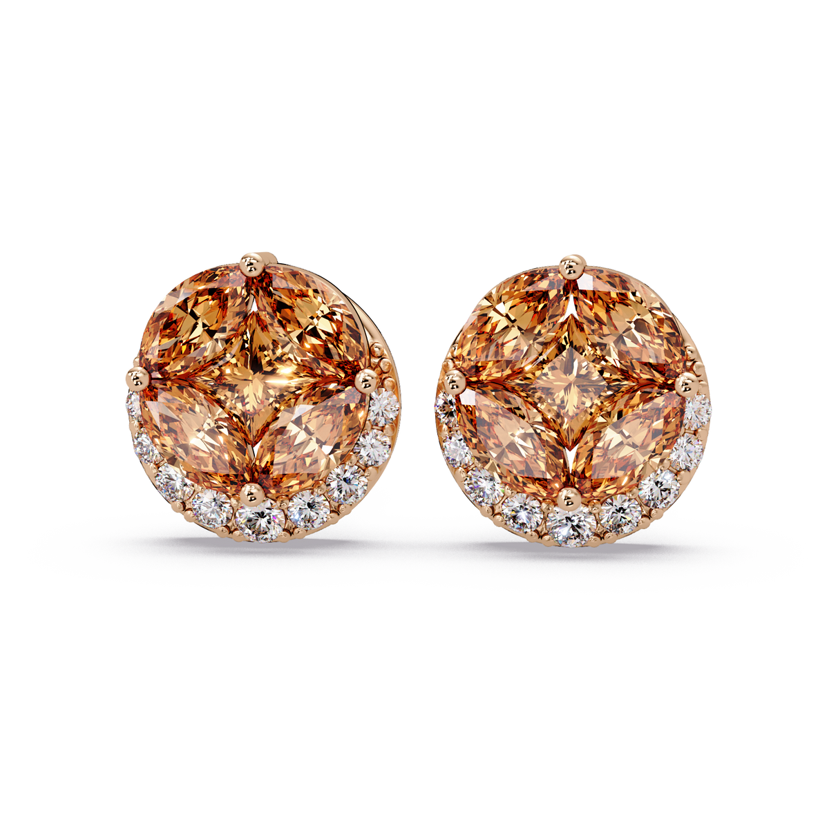 0.8 CTW marquise and princess colorstone halo stud earrings in Rose gold, Champagne Topaz stones