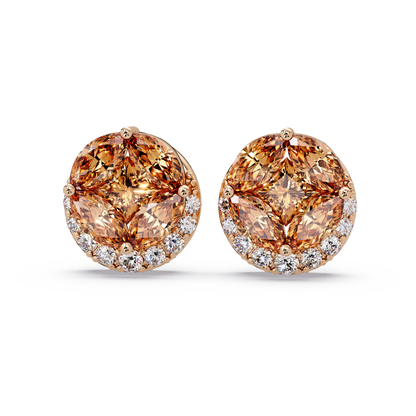 0.8 CTW marquise and princess colorstone halo stud earrings in Rose gold, Champagne Topaz stones