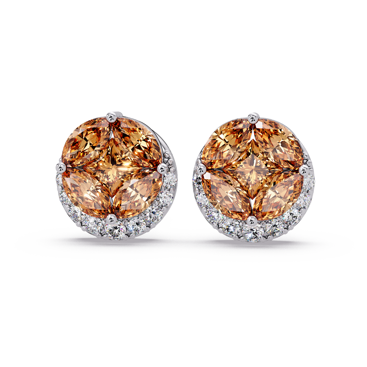 0.8 CTW marquise and princess colorstone halo stud earrings in White gold, Champagne Topaz stones