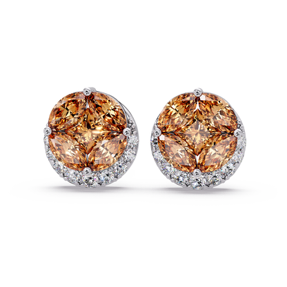 0.8 CTW marquise and princess colorstone halo stud earrings in White gold, Champagne Topaz stones