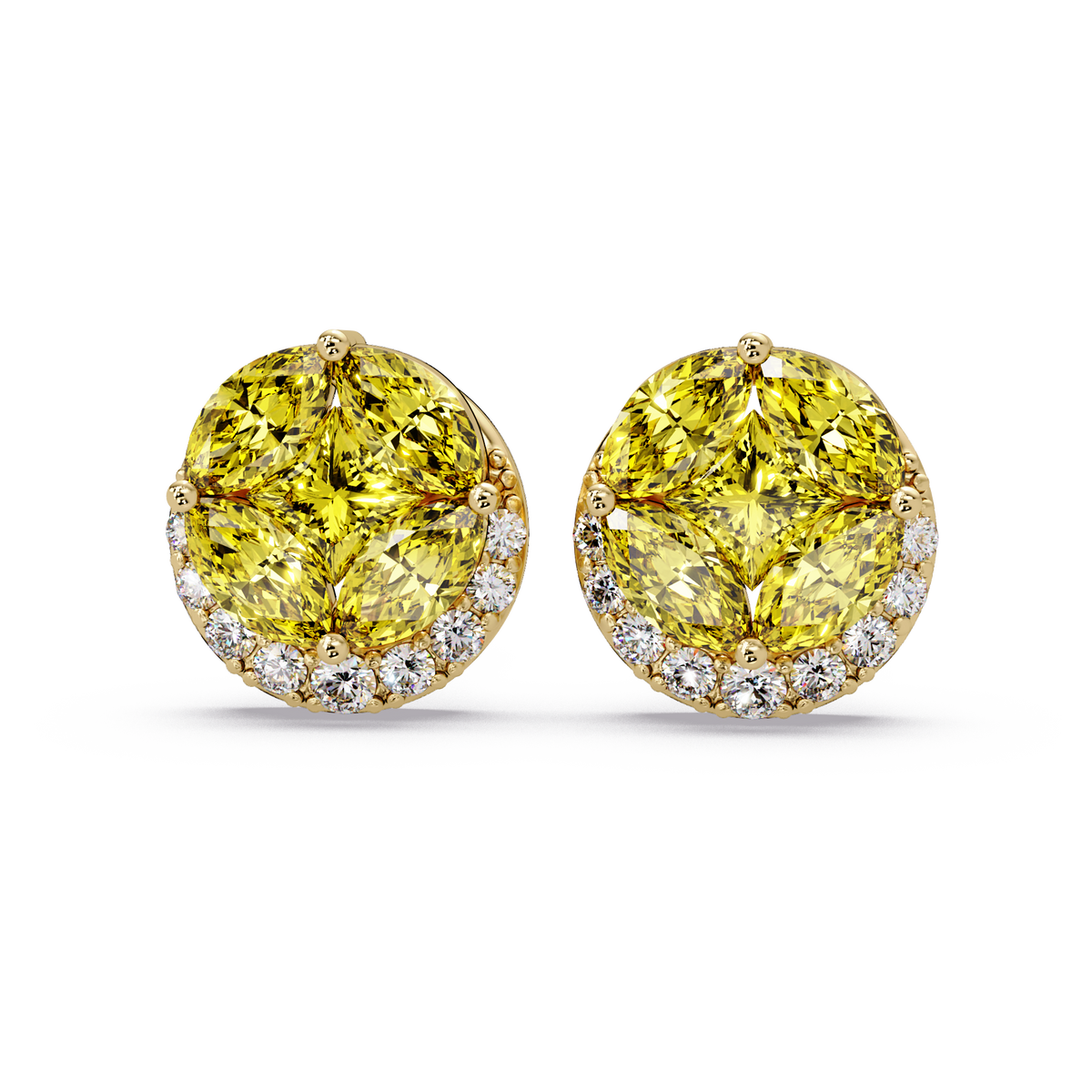0.8 CTW marquise and princess colorstone halo stud earrings in Gold, Citrine Yellow stones