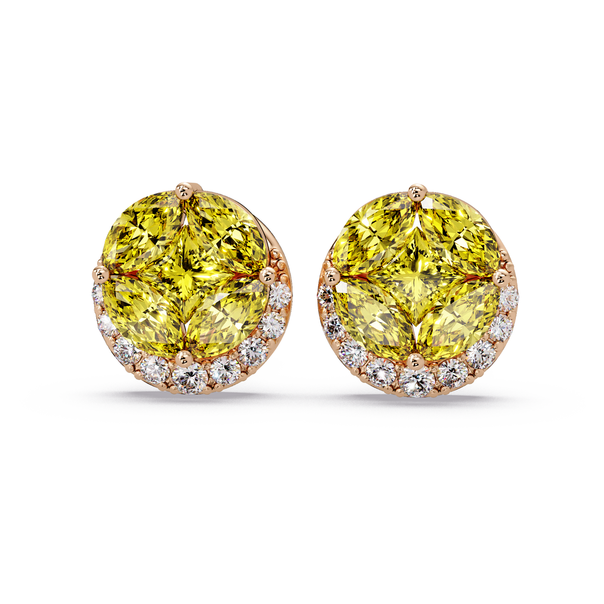 0.8 CTW marquise and princess colorstone halo stud earrings in Rose gold, Citrine Yellow stones