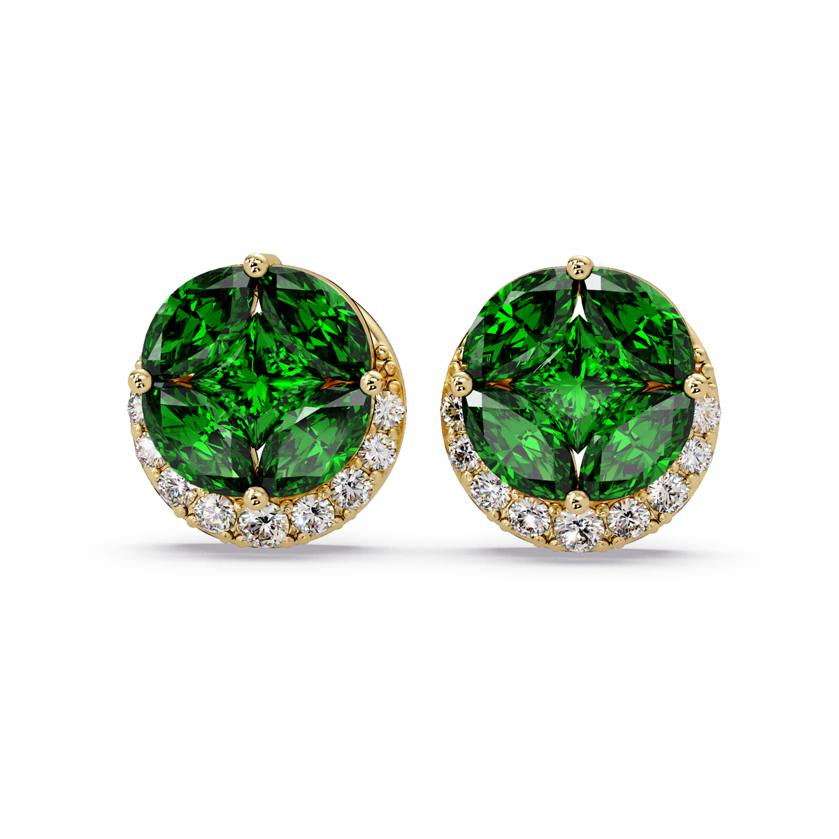 0.8 CTW marquise and princess colorstone halo stud earrings in Gold, Emerald Green stones