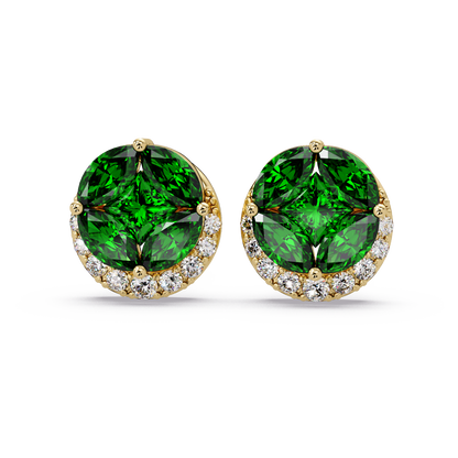 0.8 CTW marquise and princess colorstone halo stud earrings in Gold, Emerald Green stones