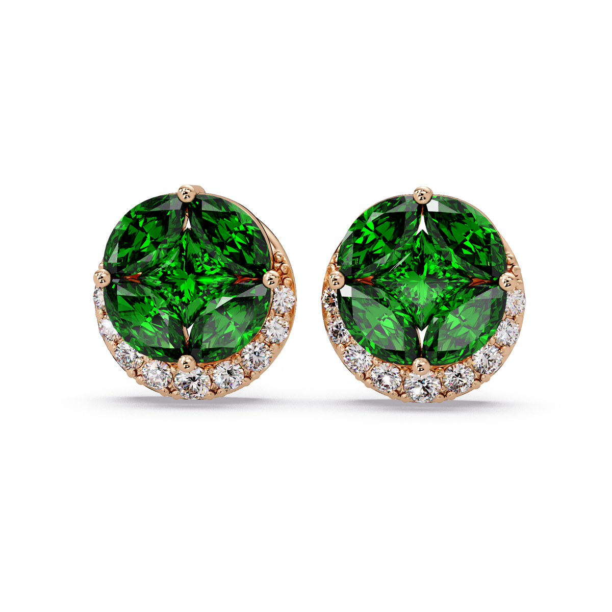 0.8 CTW marquise and princess colorstone halo stud earrings in Rose gold, Emerald Green stones