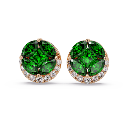 0.8 CTW marquise and princess colorstone halo stud earrings in Rose gold, Emerald Green stones