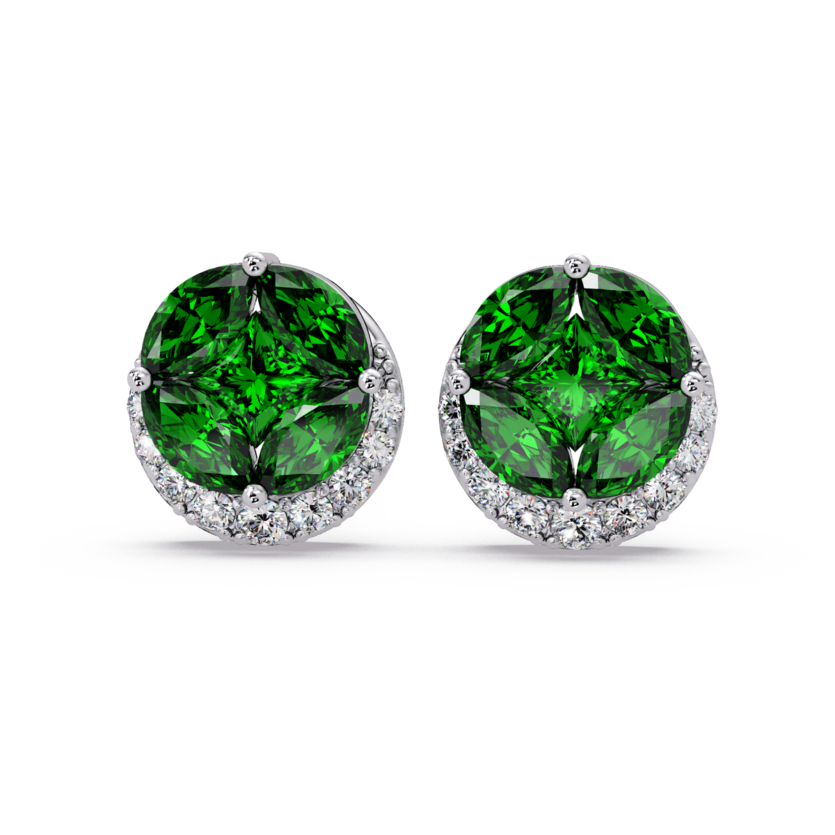 0.8 CTW marquise and princess colorstone halo stud earrings in White gold, Emerald Green stones