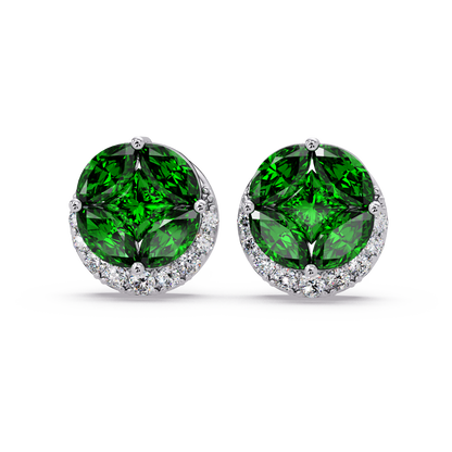0.8 CTW marquise and princess colorstone halo stud earrings in White gold, Emerald Green stones