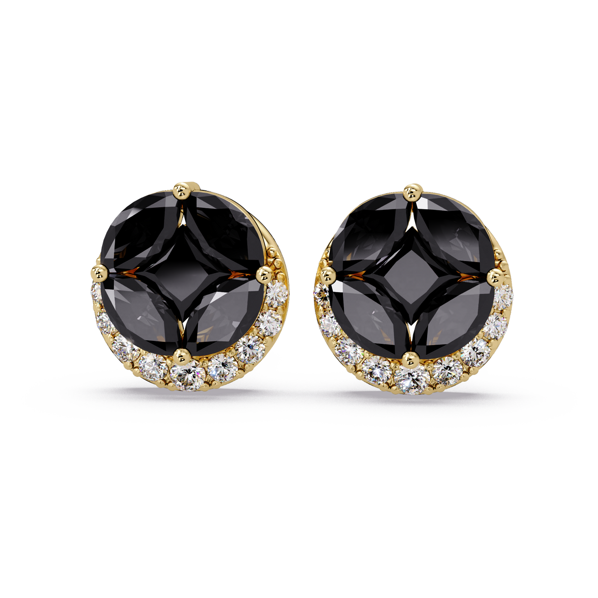 0.8 CTW marquise and princess colorstone halo stud earrings in Gold, Onyx stones