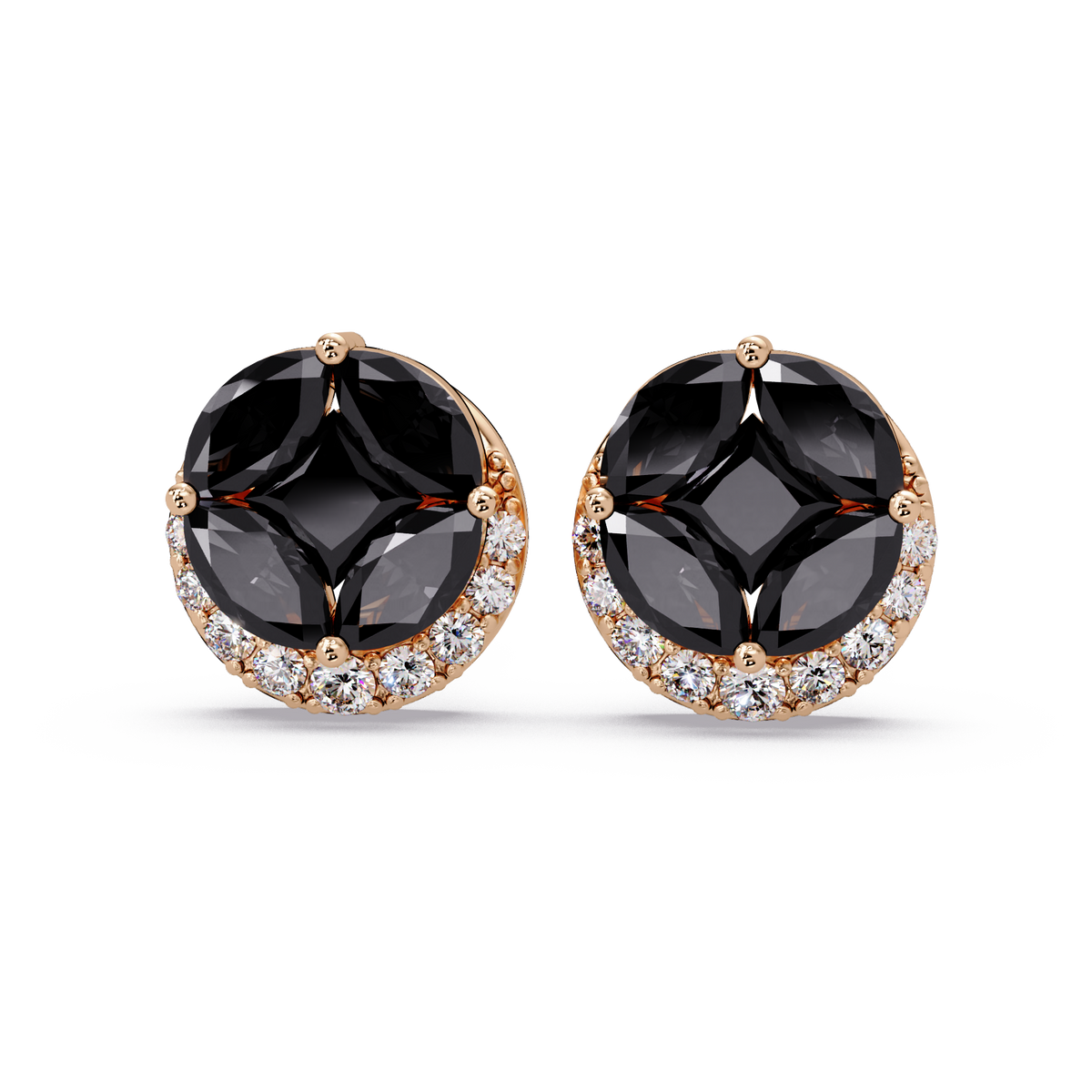 0.8 CTW marquise and princess colorstone halo stud earrings in Rose gold, Onyx stones
