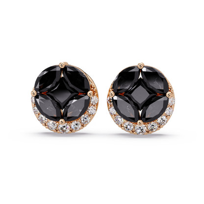 0.8 CTW marquise and princess colorstone halo stud earrings in Rose gold, Onyx stones