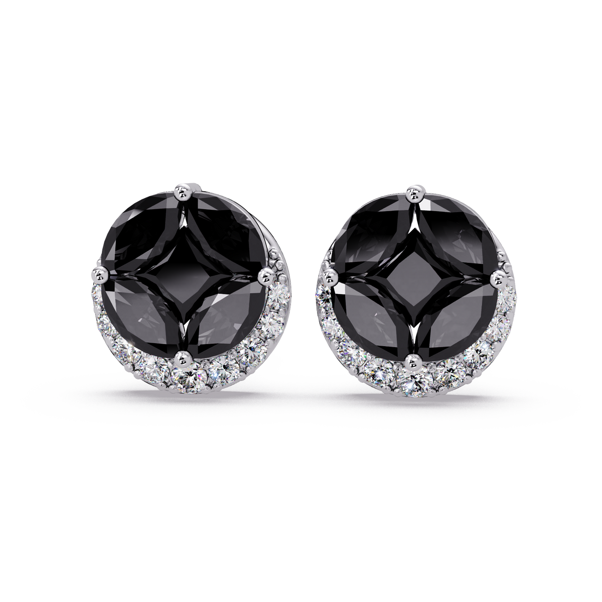 0.8 CTW marquise and princess colorstone halo stud earrings in White gold, Onyx stones