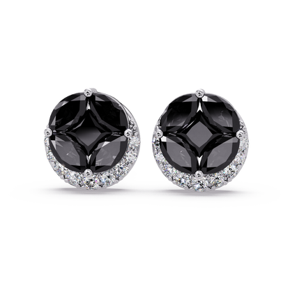 0.8 CTW marquise and princess colorstone halo stud earrings in White gold, Onyx stones