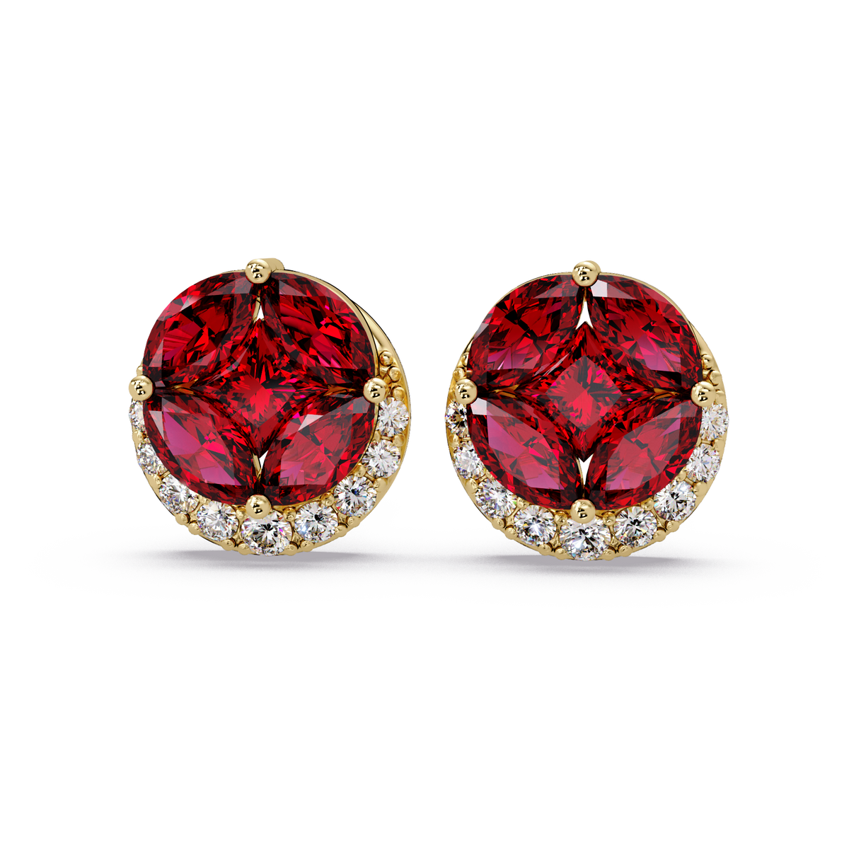 0.8 CTW marquise and princess colorstone halo stud earrings in Gold, Ruby Red stones