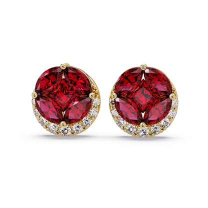 0.8 CTW marquise and princess colorstone halo stud earrings in Gold, Ruby Red stones