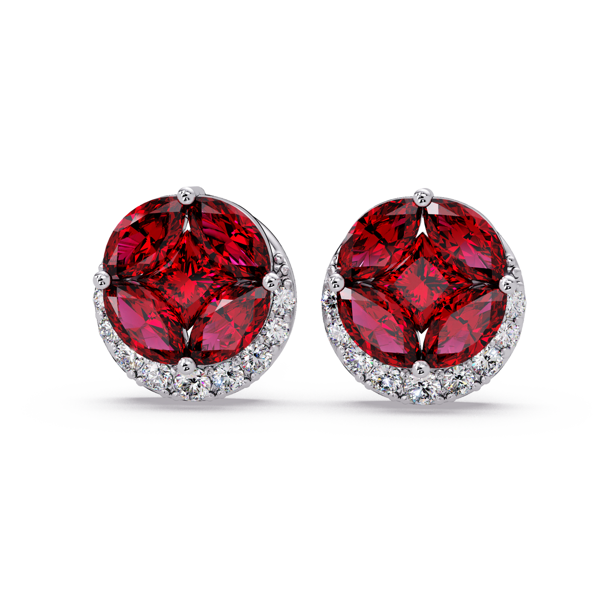 0.8 CTW marquise and princess colorstone halo stud earrings in White gold, Ruby Red stones