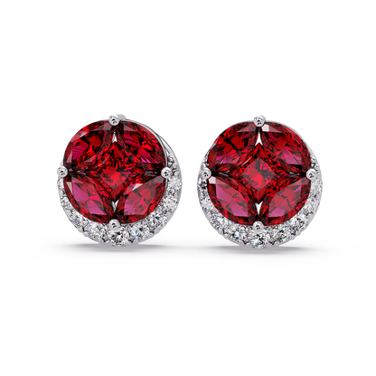 0.8 CTW marquise and princess colorstone halo stud earrings in White gold, Ruby Red stones