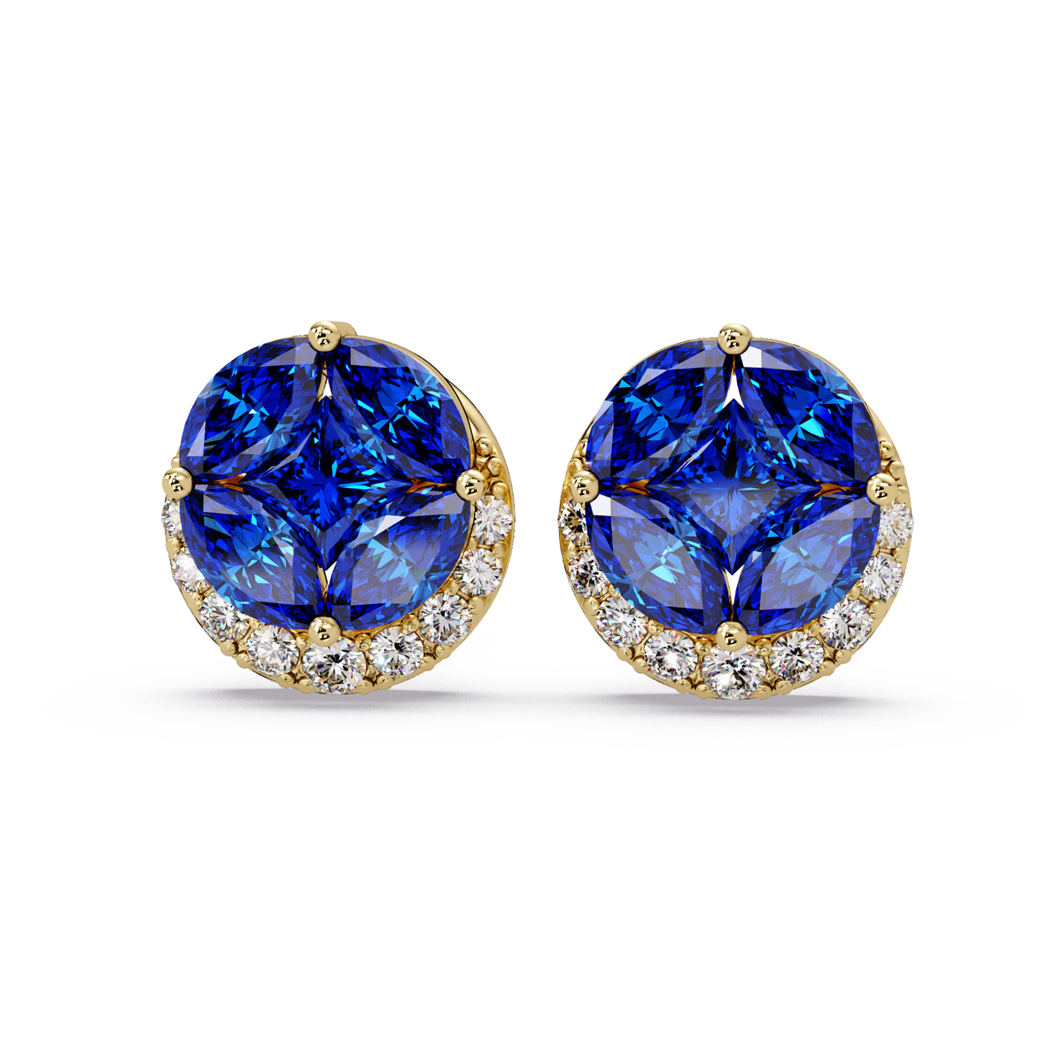 0.8 CTW marquise and princess colorstone halo stud earrings in Gold, Sapphire Blue stones