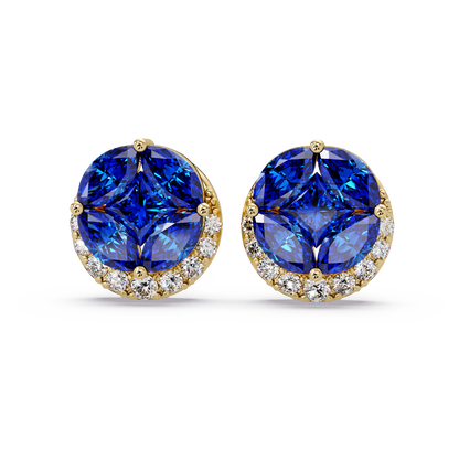 0.8 CTW marquise and princess colorstone halo stud earrings in Gold, Sapphire Blue stones