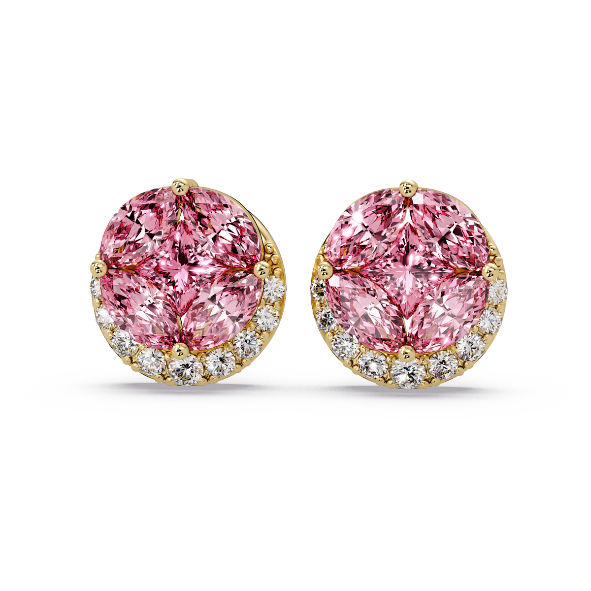 0.8 CTW marquise and princess colorstone halo stud earrings in Gold, Tourmaline Pink stones