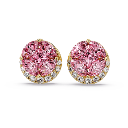0.8 CTW marquise and princess colorstone halo stud earrings in Gold, Tourmaline Pink stones