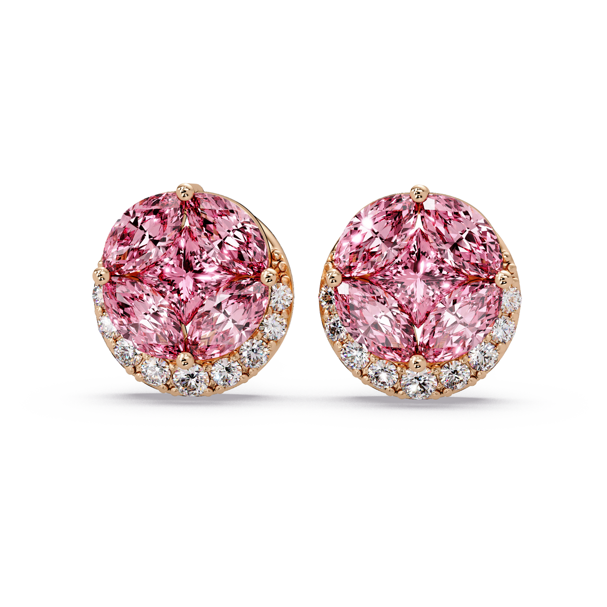 0.8 CTW marquise and princess colorstone halo stud earrings in Rose gold, Tourmaline Pink stones