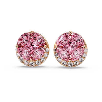 0.8 CTW marquise and princess colorstone halo stud earrings in Rose gold, Tourmaline Pink stones