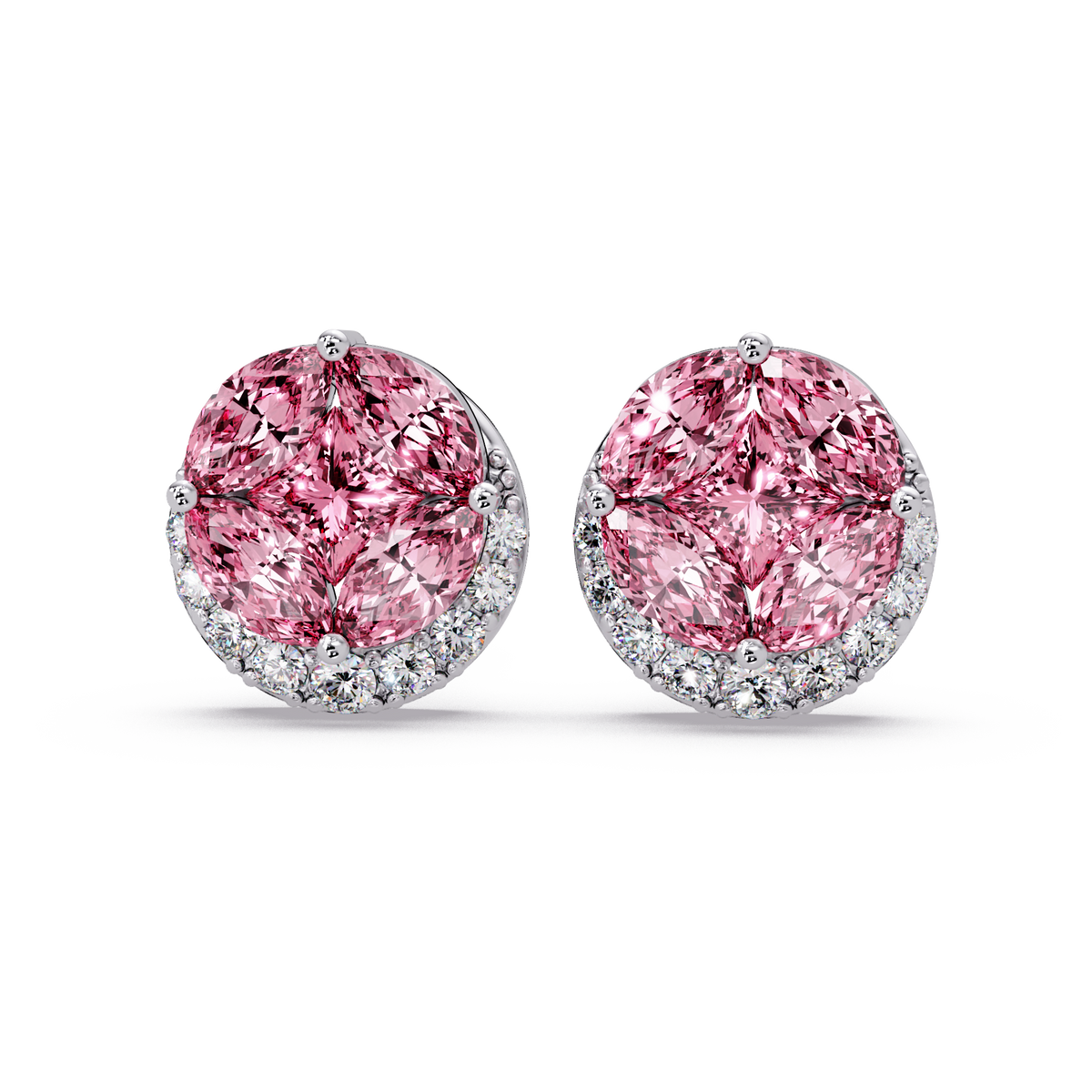 0.8 CTW marquise and princess colorstone halo stud earrings in White gold, Tourmaline Pink stones