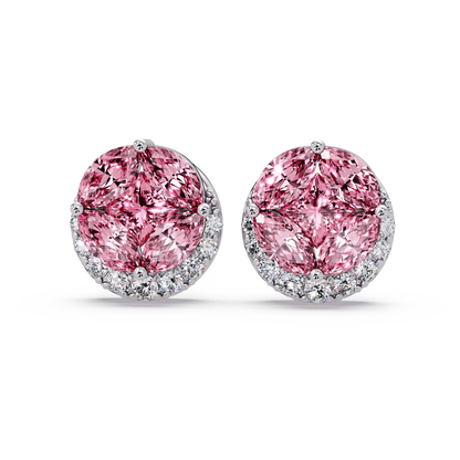 0.8 CTW marquise and princess colorstone halo stud earrings in White gold, Tourmaline Pink stones