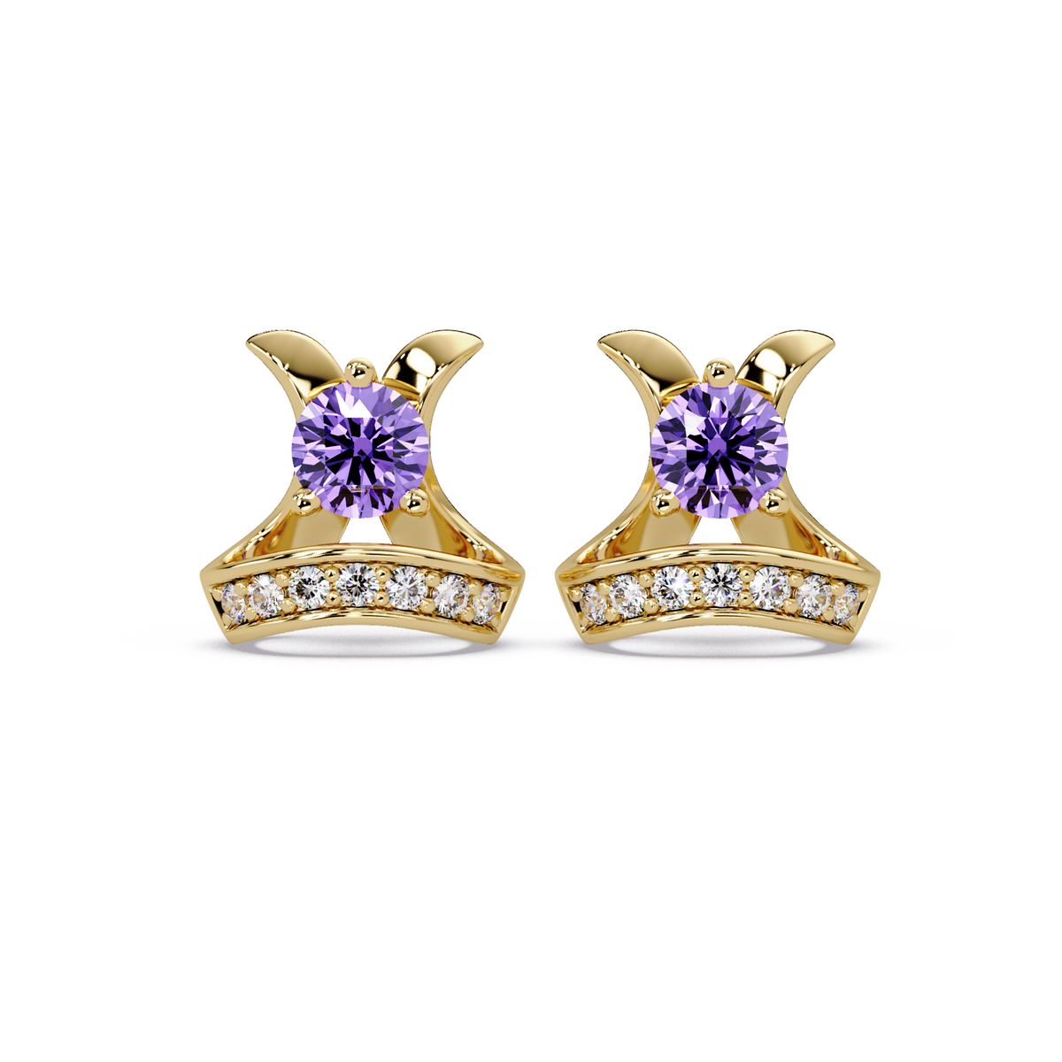 0.6 CTW princess-cut colorstone and white diamond accent stud earrings in Gold, Amethyst Purple stones