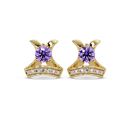 0.6 CTW princess-cut colorstone and white diamond accent stud earrings in Gold, Amethyst Purple stones