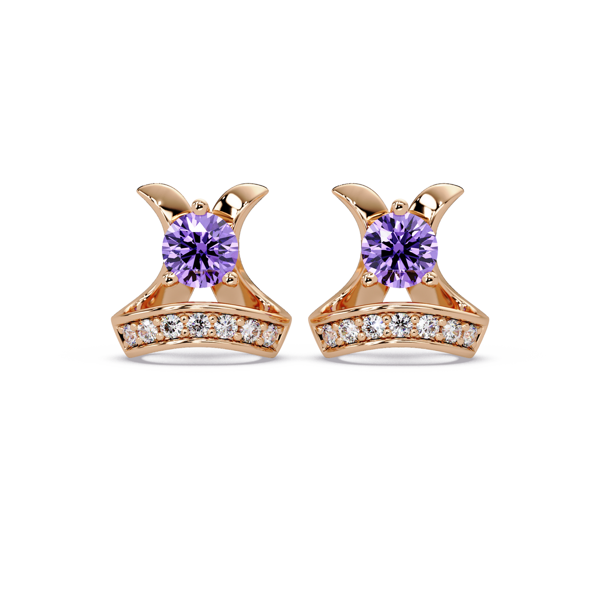 0.6 CTW princess-cut colorstone and white diamond accent stud earrings in Rose gold, Amethyst Purple stones