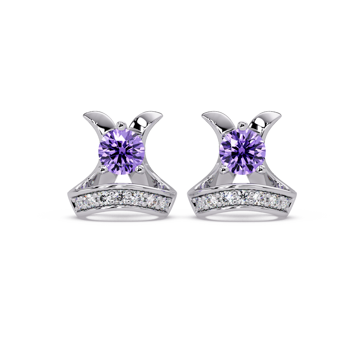 0.6 CTW princess-cut colorstone and white diamond accent stud earrings in White gold, Amethyst Purple stones