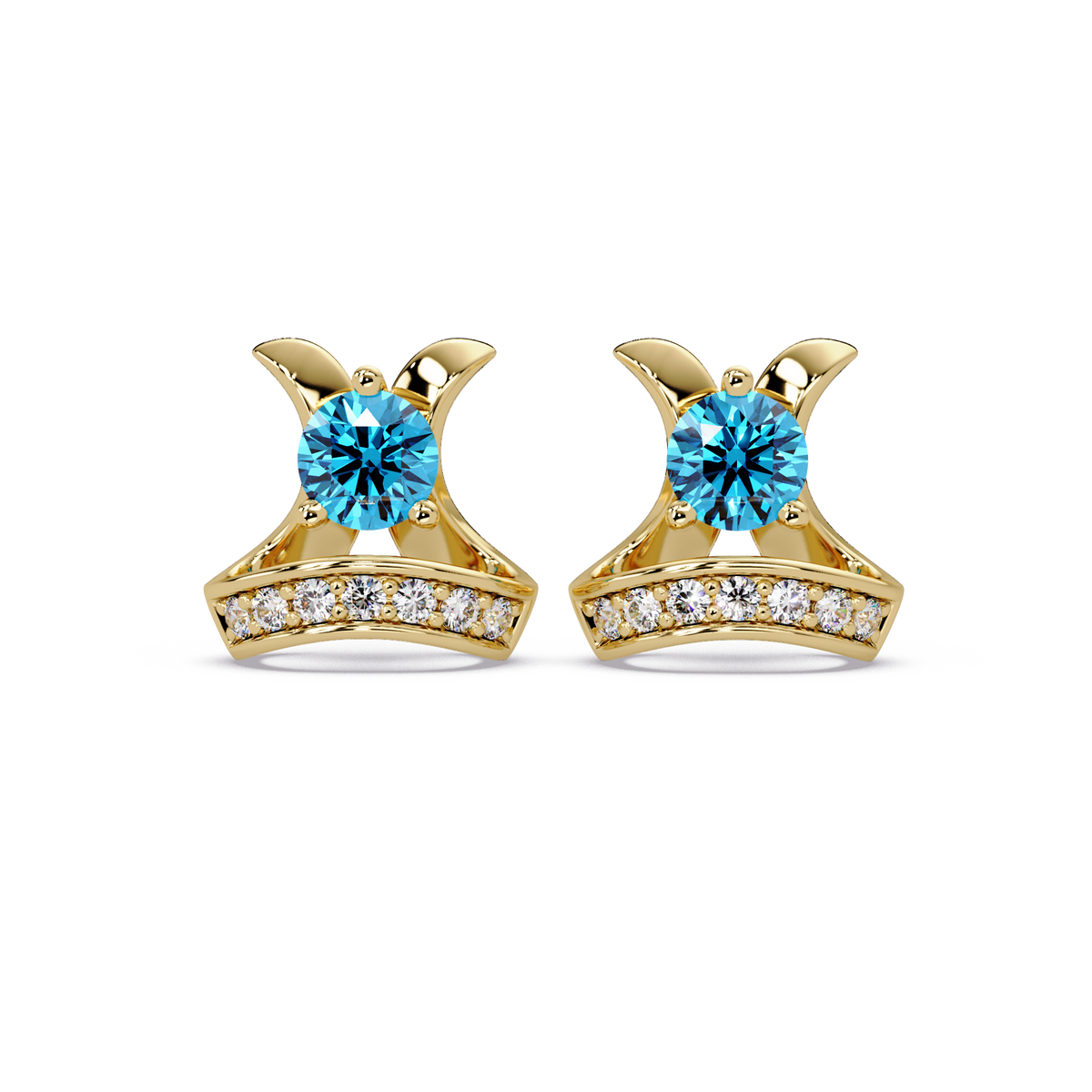 0.6 CTW princess-cut colorstone and white diamond accent stud earrings in Gold, Aquamarine Blue stones