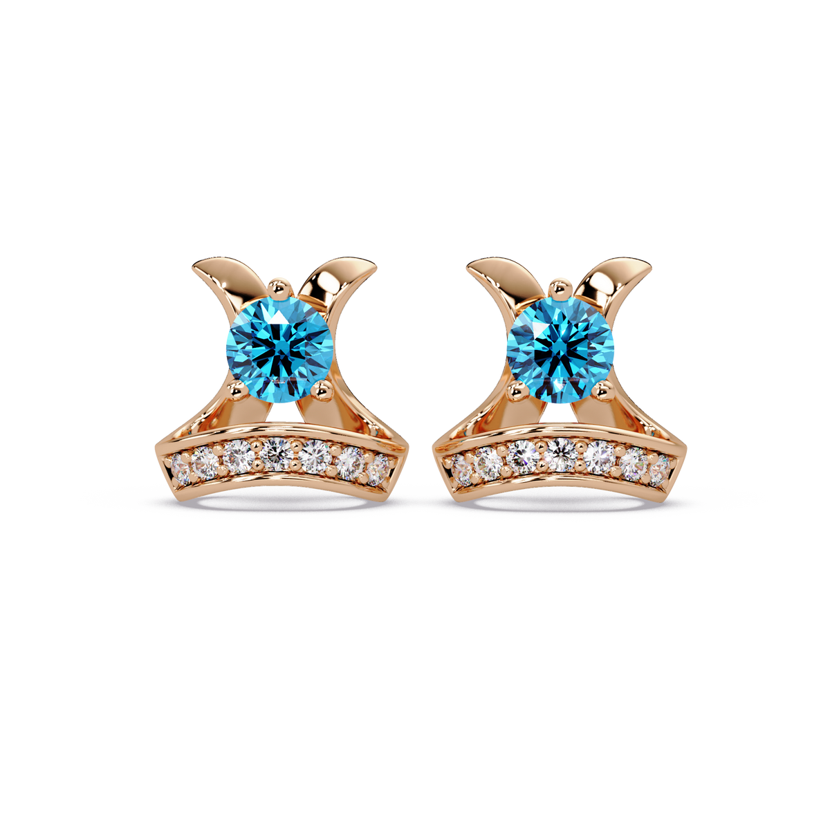 0.6 CTW princess-cut colorstone and white diamond accent stud earrings in Rose gold, Aquamarine Blue stones