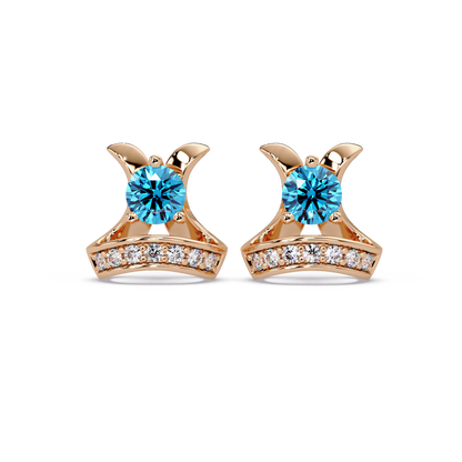 0.6 CTW princess-cut colorstone and white diamond accent stud earrings in Rose gold, Aquamarine Blue stones