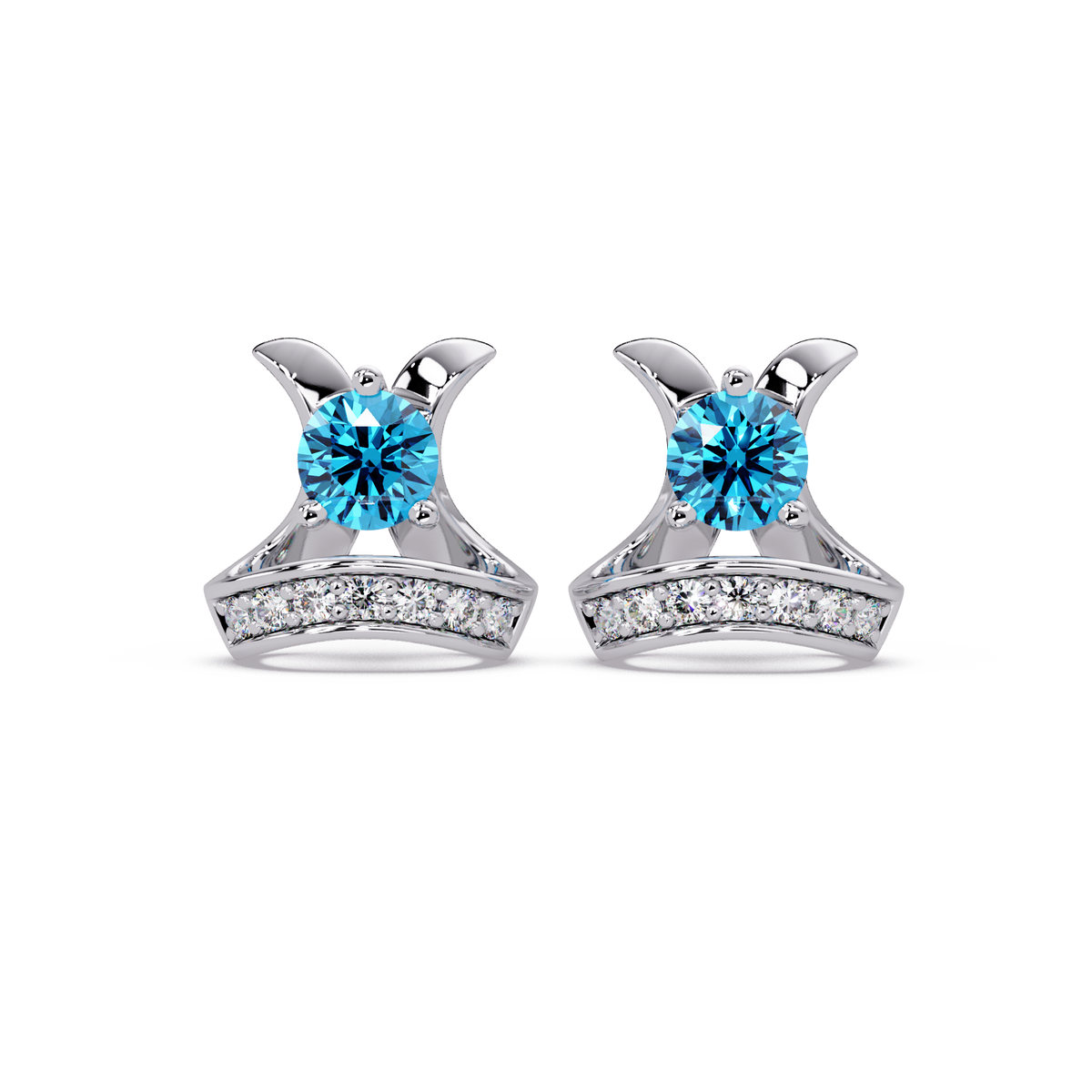 0.6 CTW princess-cut colorstone and white diamond accent stud earrings in White gold, Aquamarine Blue stones