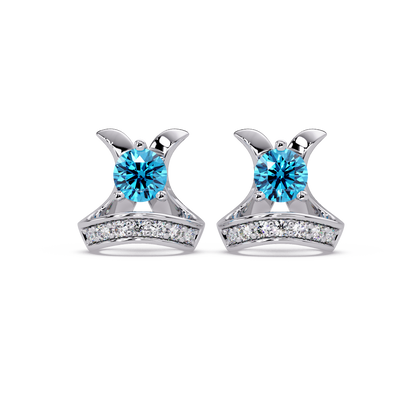 0.6 CTW princess-cut colorstone and white diamond accent stud earrings in White gold, Aquamarine Blue stones