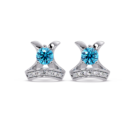 0.6 CTW princess-cut colorstone and white diamond accent stud earrings in White gold, Aquamarine Blue stones