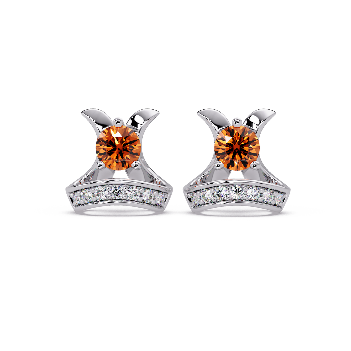 0.6 CTW princess-cut colorstone and white diamond accent stud earrings in White gold, Champagne Topaz stones