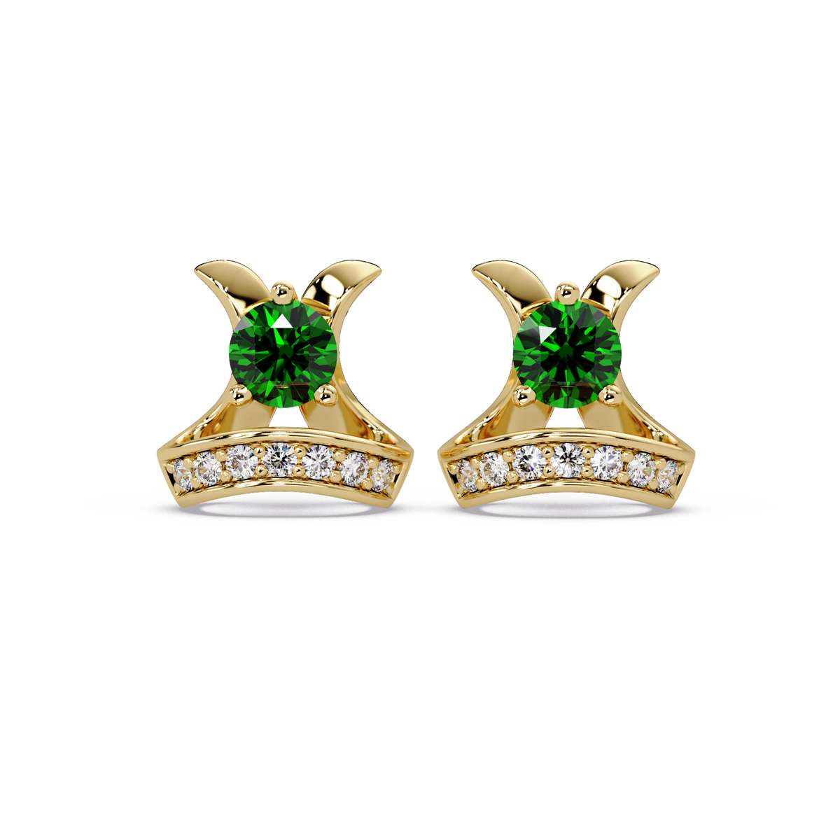 0.6 CTW princess-cut colorstone and white diamond accent stud earrings in Gold, Emerald Green stones