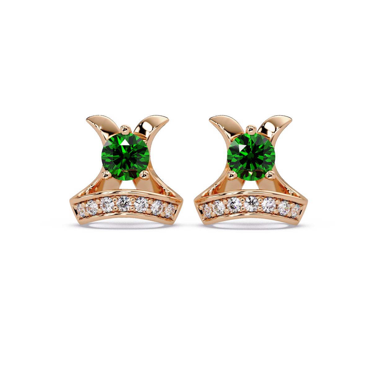 0.6 CTW princess-cut colorstone and white diamond accent stud earrings in Rose gold, Emerald Green stones